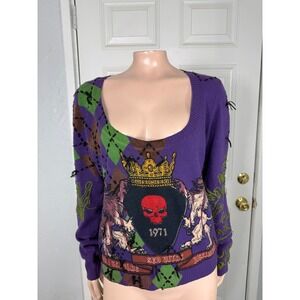 Vintage Y2K Raw 7 Women's Sweater XL Scoop neck Argyle Cashmere Embroidered Z3-3